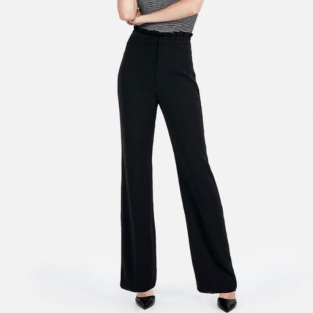 Express Ruffle Top Black Wide Leg High Rise Pant, black, size 16